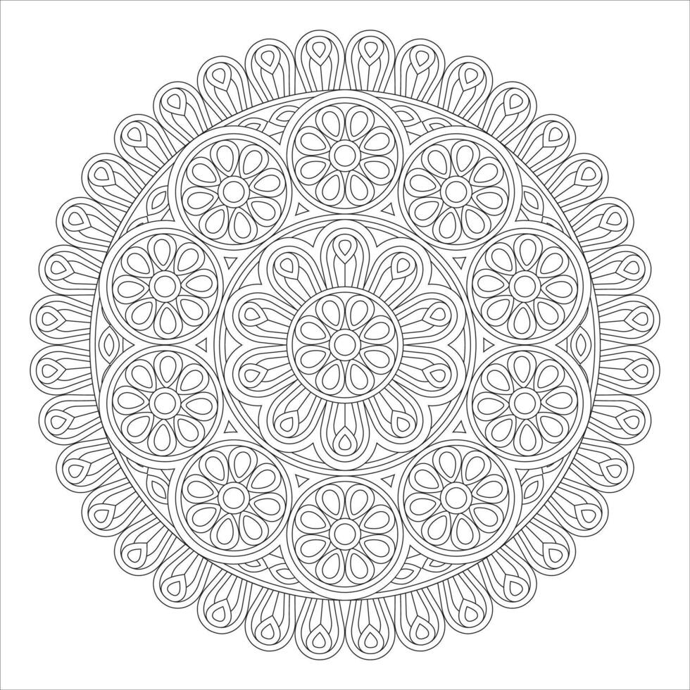 Mandala with Concentric Floral Elements and Intricate Borders - Black and White Illustration vector