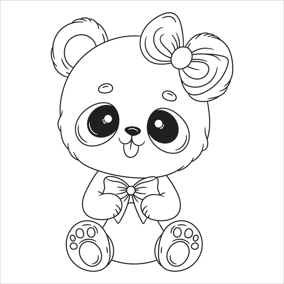 Cute Panda with Bow - Black and White Coloring Page vector