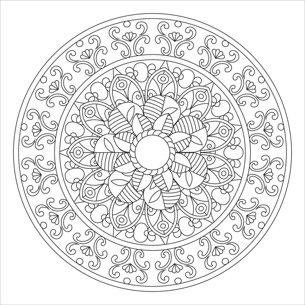 Floral Mandala with Decorative Borders - Black and White Coloring Page vector