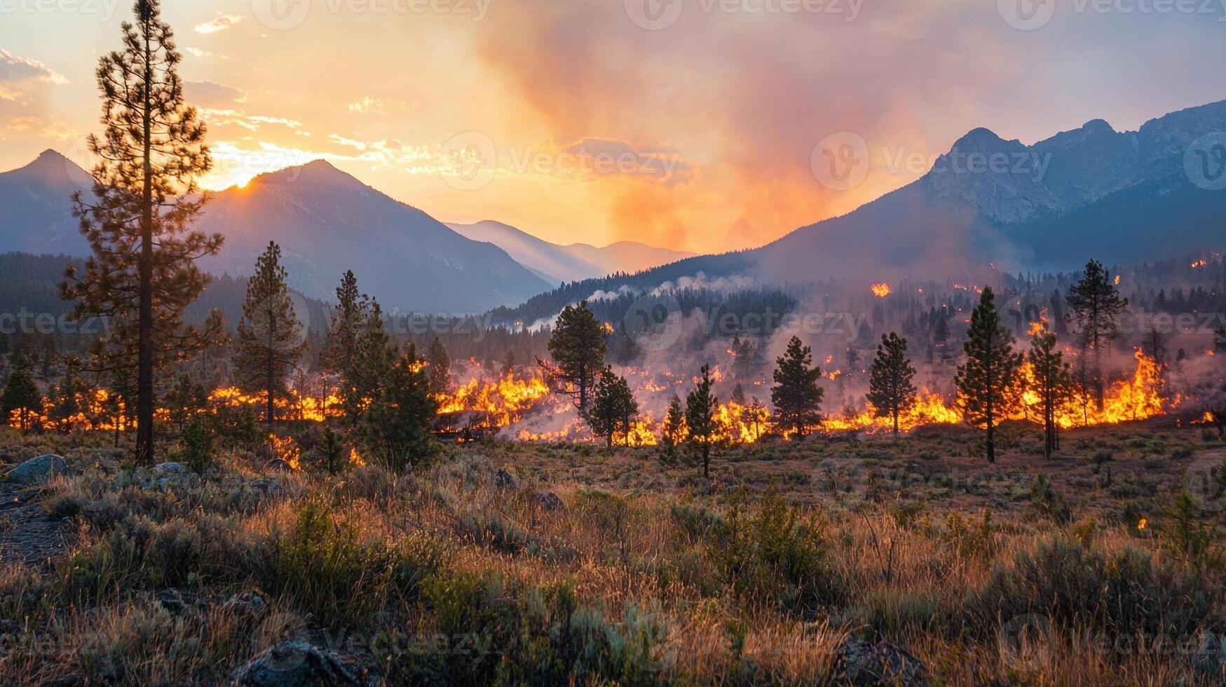 A forest fire in the mountains at sunset photo