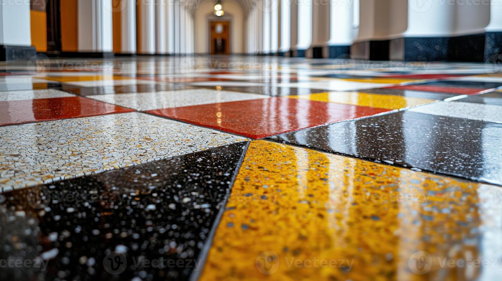 A colorful floor with a checkered pattern photo