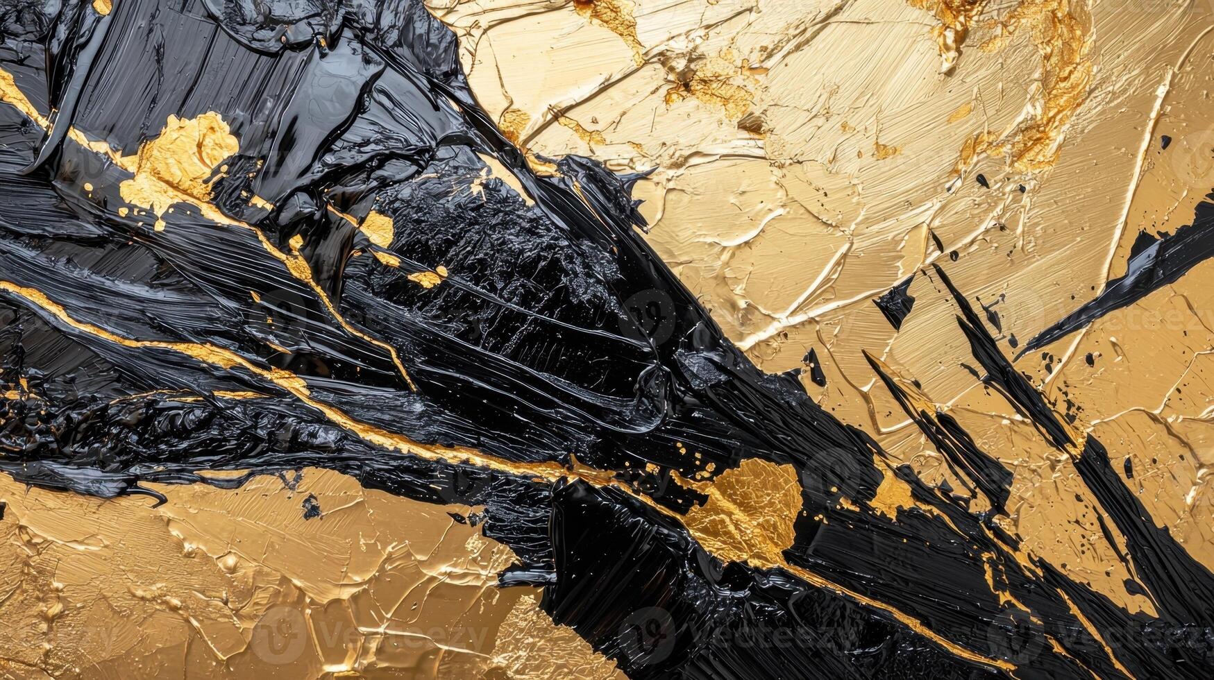 An abstract painting with gold and black paint photo
