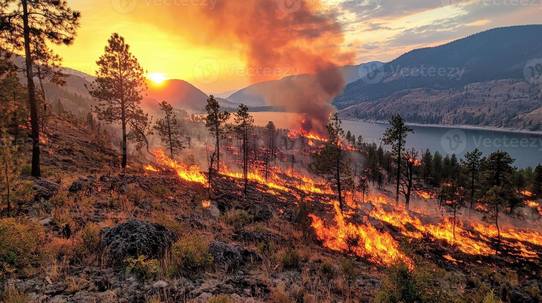 A fire burns in the mountains at sunset photo