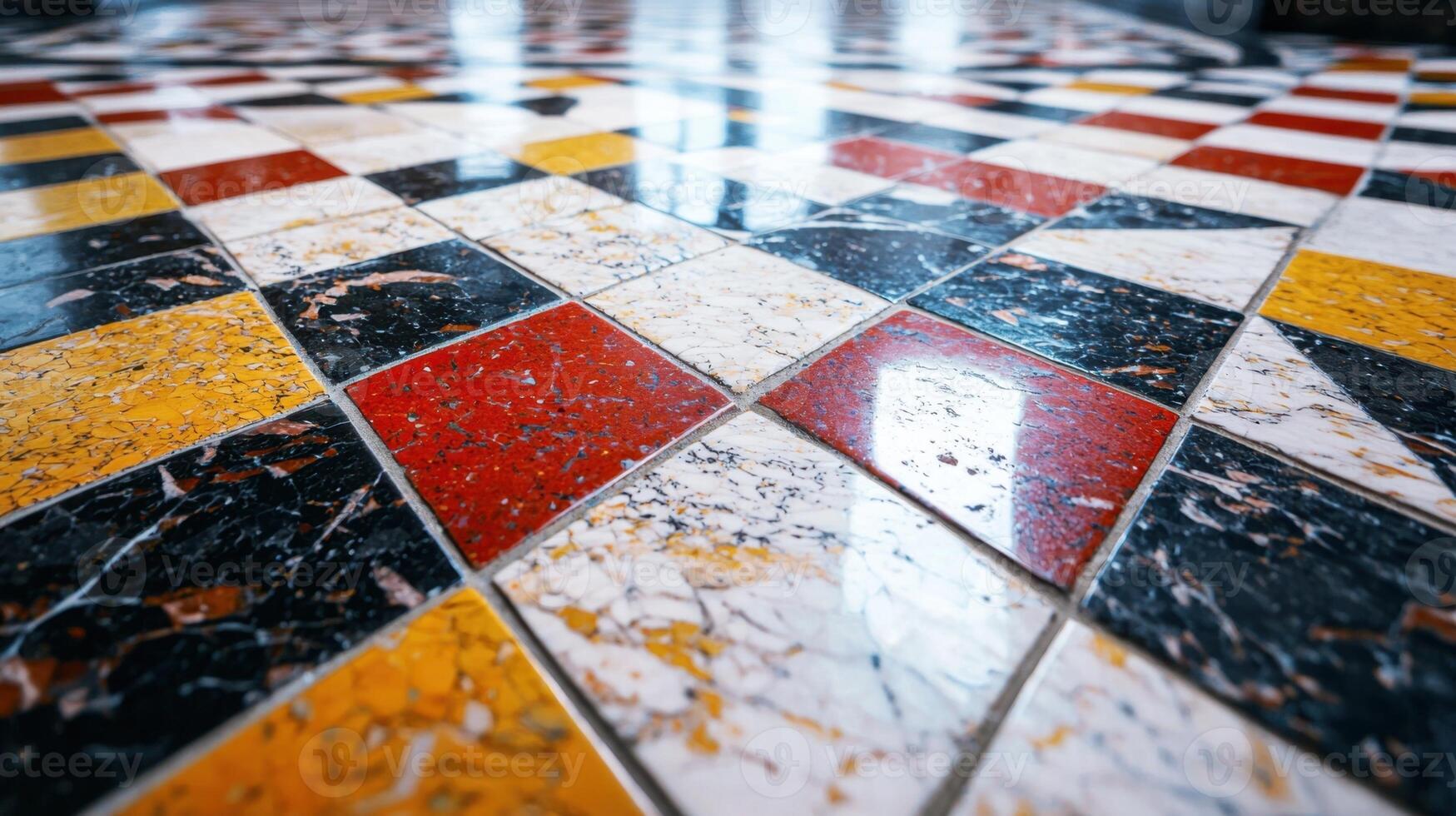 A close up of a marble floor with colorful tiles photo