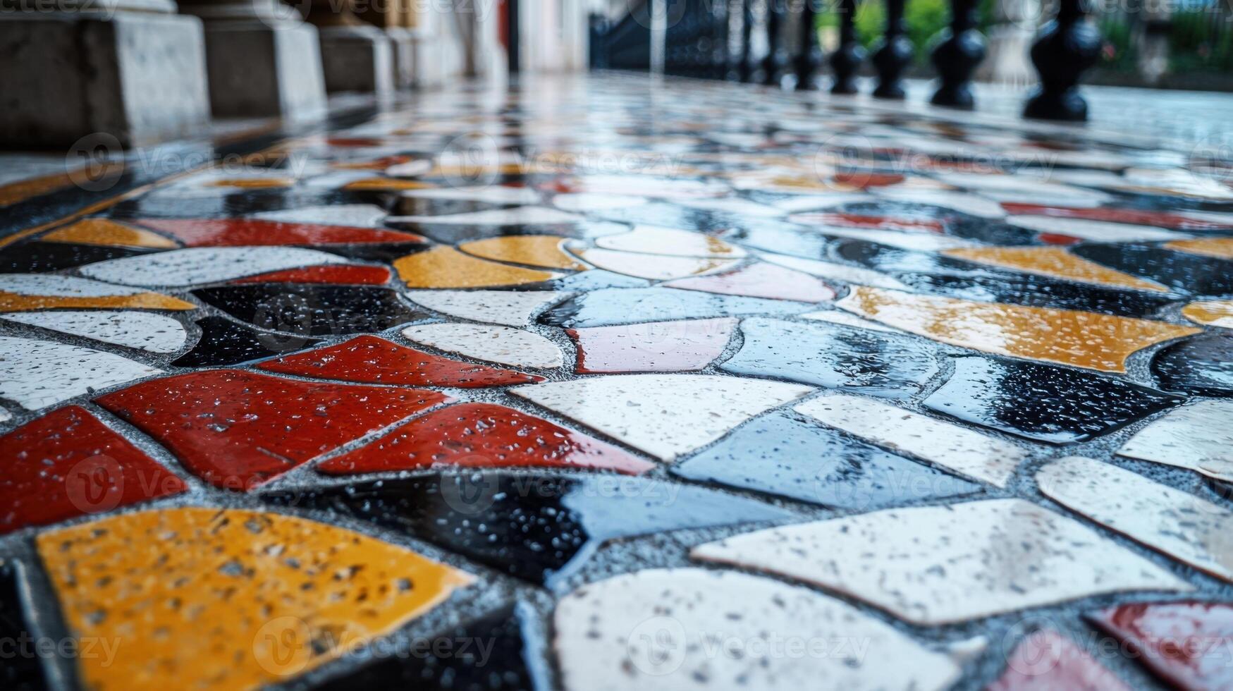 A colorful mosaic floor with rain drops on it photo