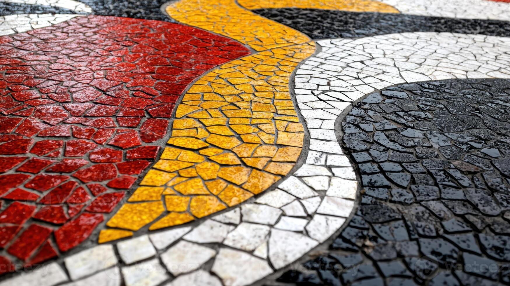 A mosaic tile floor with red, yellow and black tiles photo