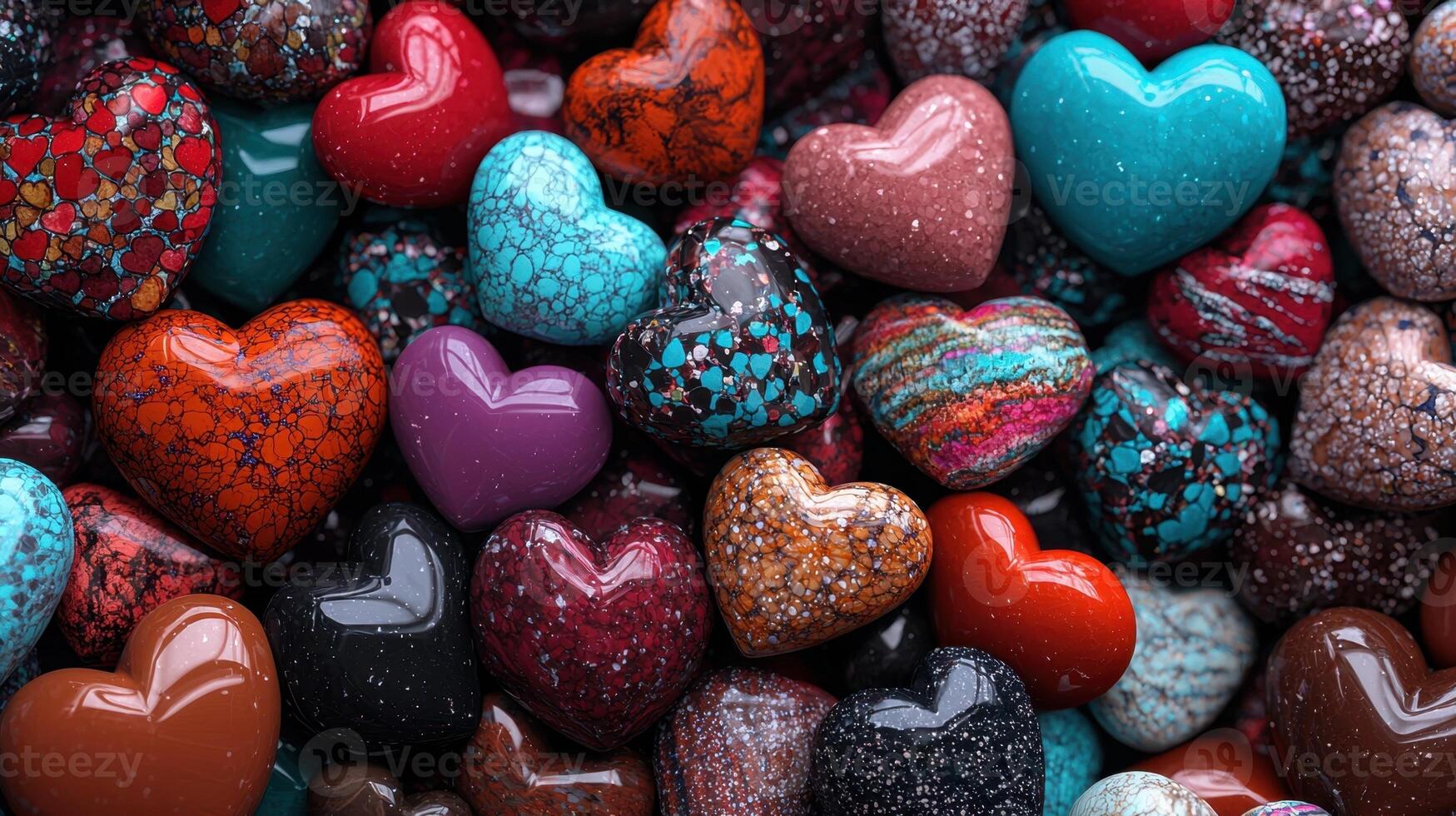 Colorful hearts are arranged in a pile photo