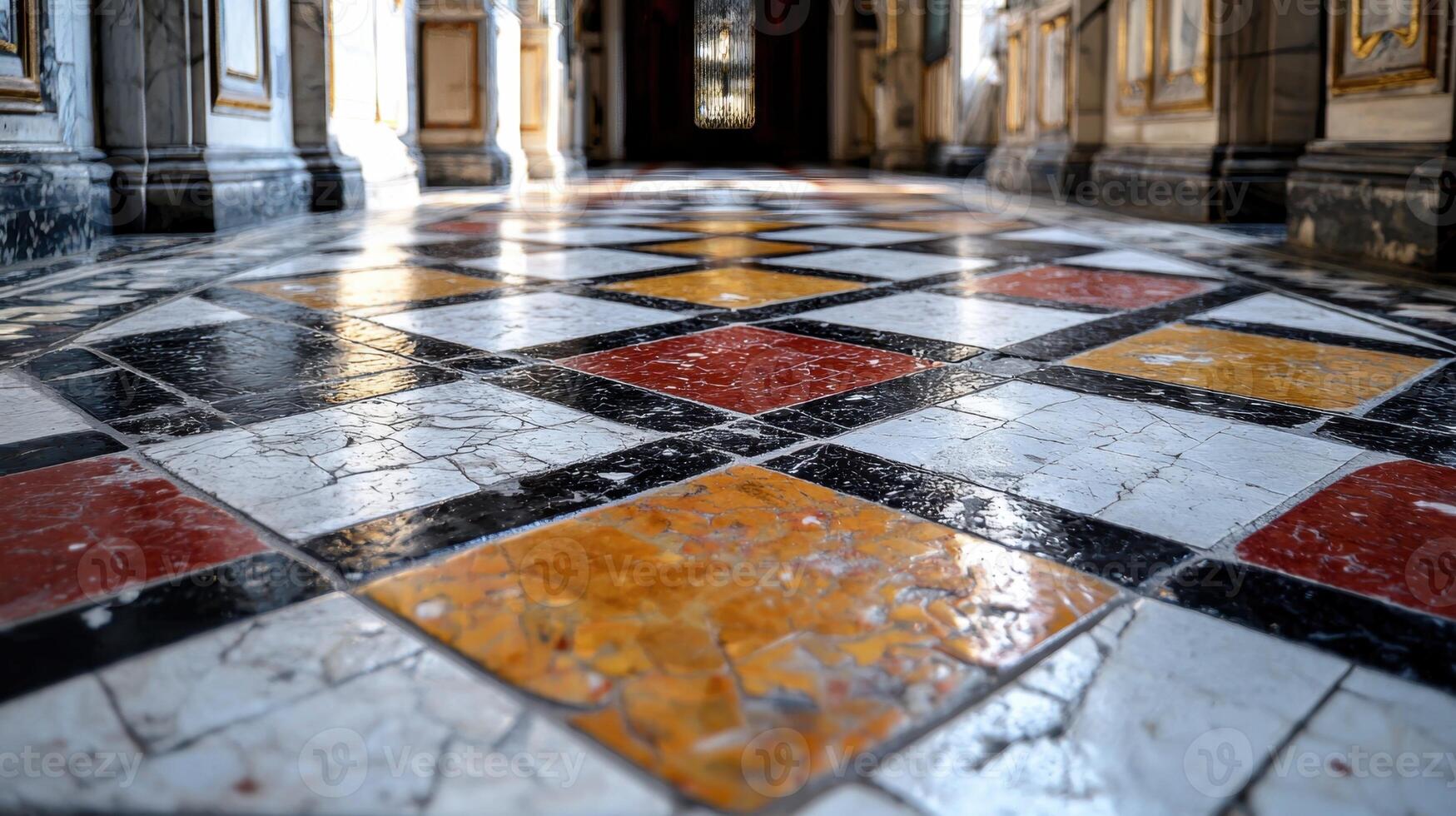 A large room with a tiled floor that is mostly white and red photo