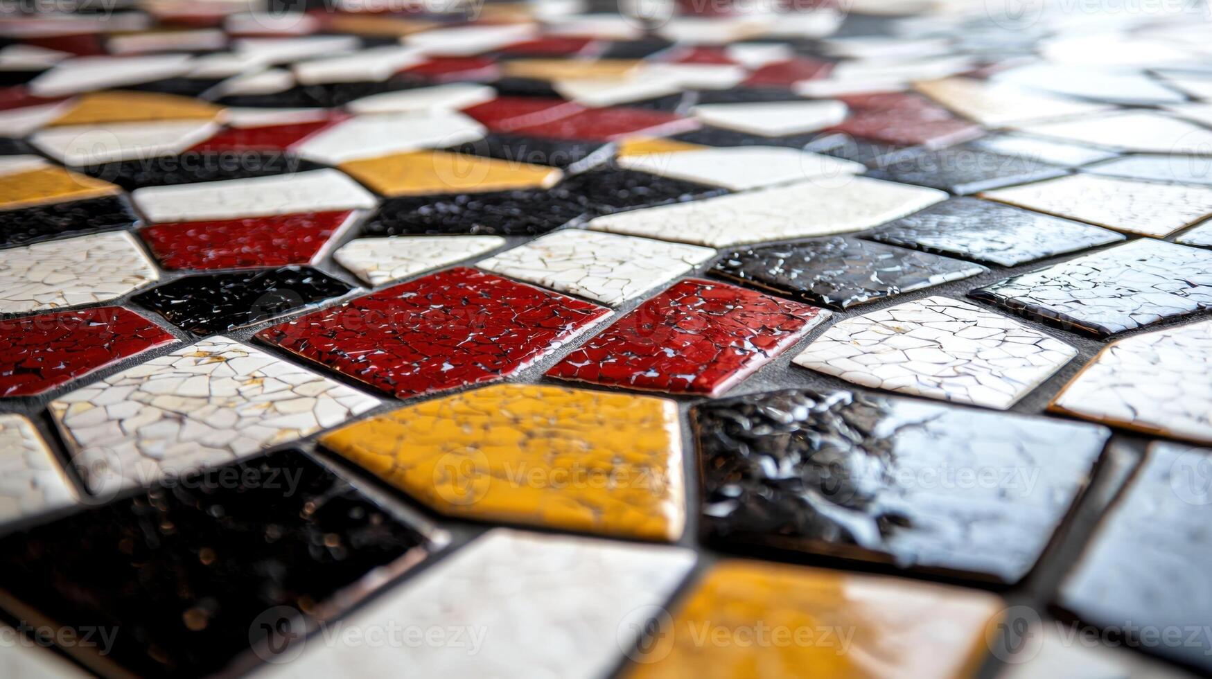 A mosaic tile floor with a black, white, and red design photo
