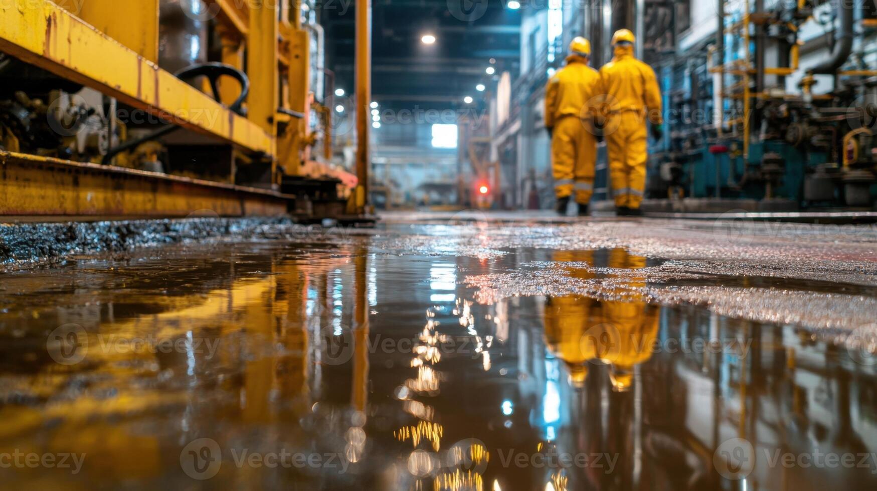 Two workers in yellow rain jackets walking through a factory photo