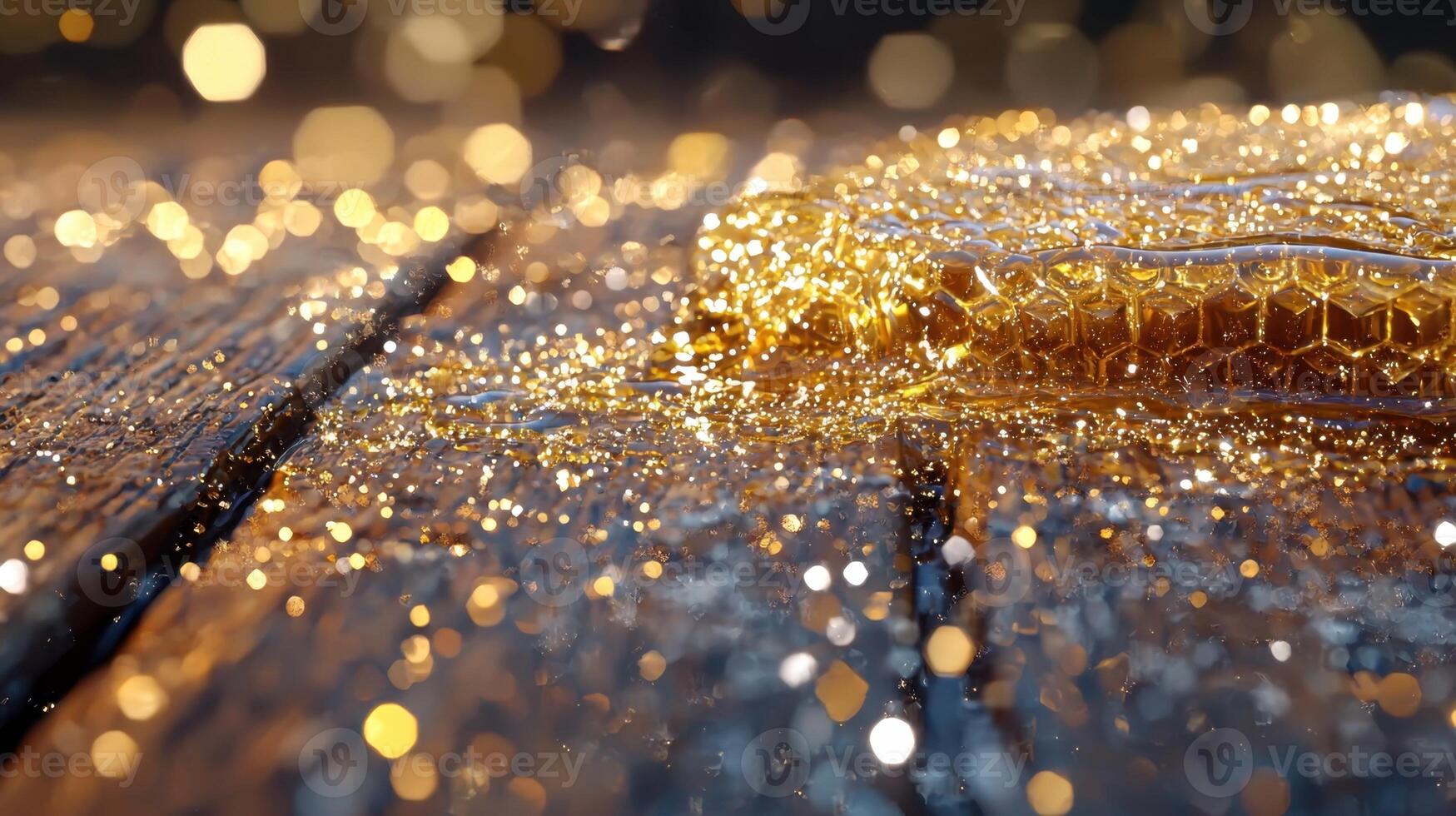 Golden honeycomb on wooden table with bokeh photo