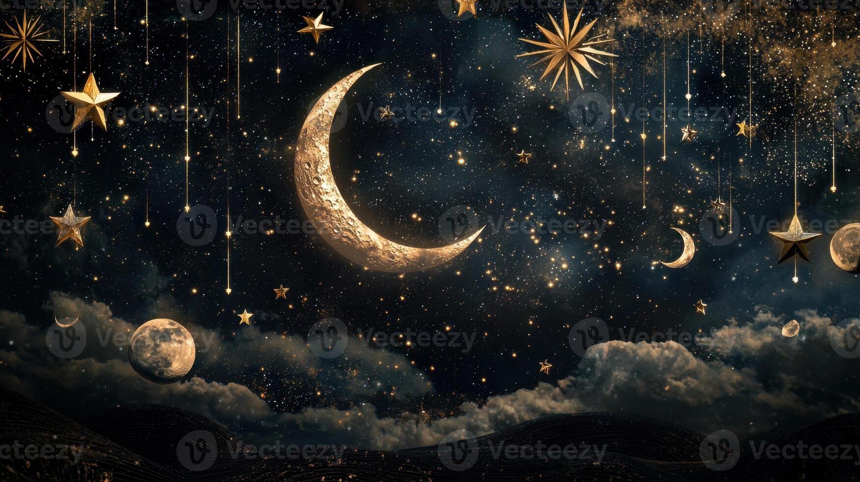 Golden moon and stars in the night sky photo