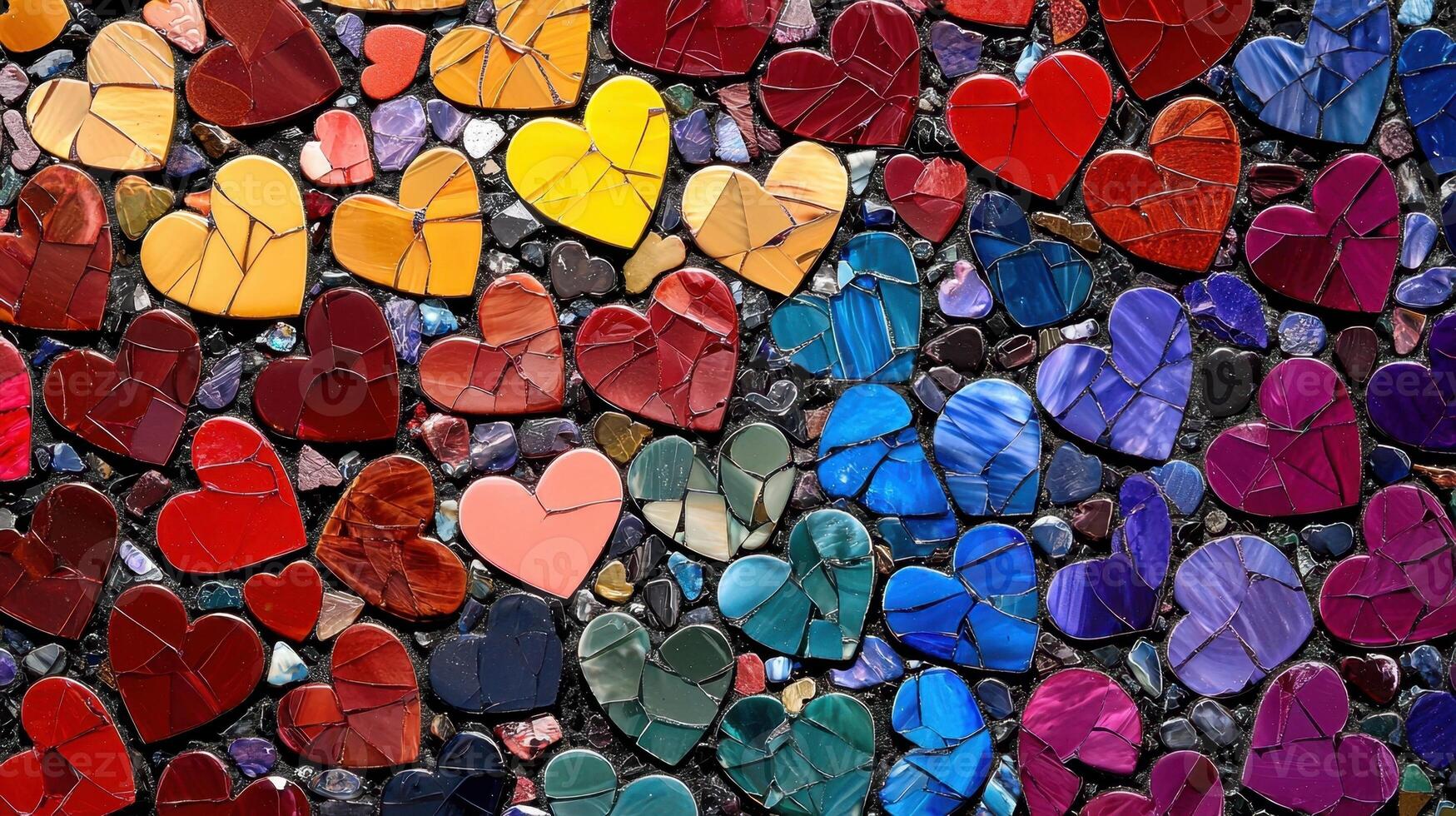 A mosaic of hearts made of colored glass photo
