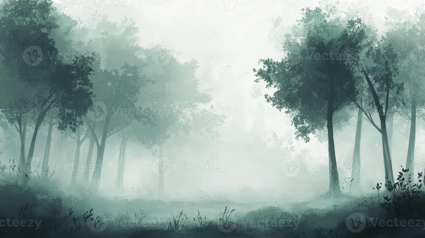 A tranquil forest is shrouded in thick fog during the early morning hours. Lush trees stand tall, creating an ethereal and mysterious atmosphere that captivates the viewer photo