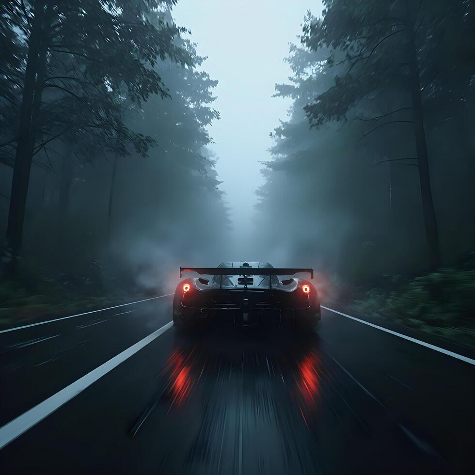 A sports car driving down a wet road in the fog photo