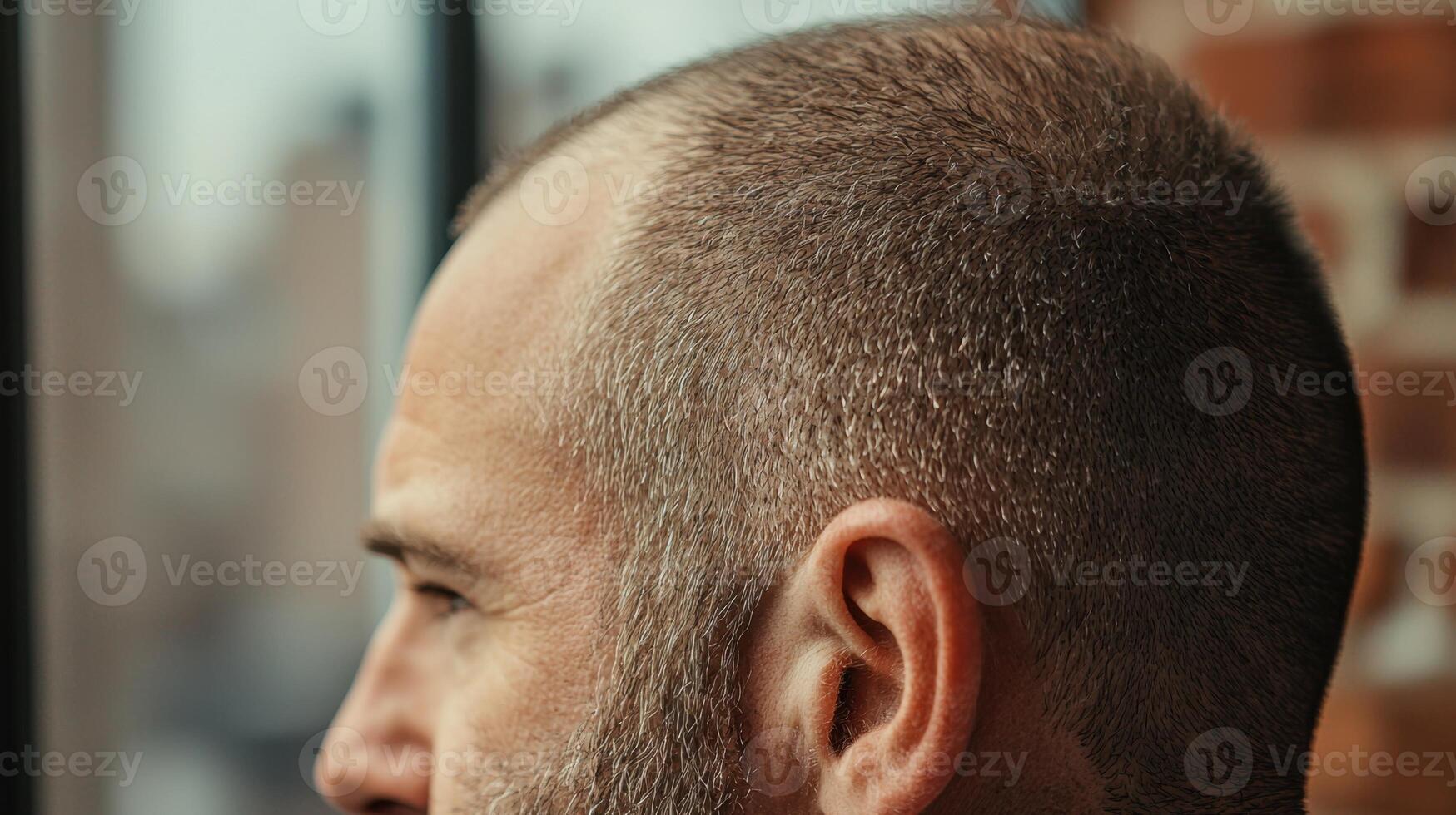 A man with a shaved head looking out a window photo
