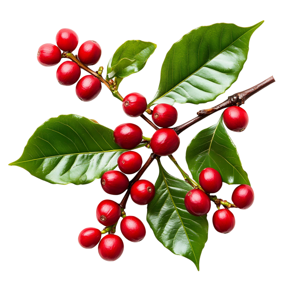 Branch with Red Coffee Cherries and Lush Green Leaves png