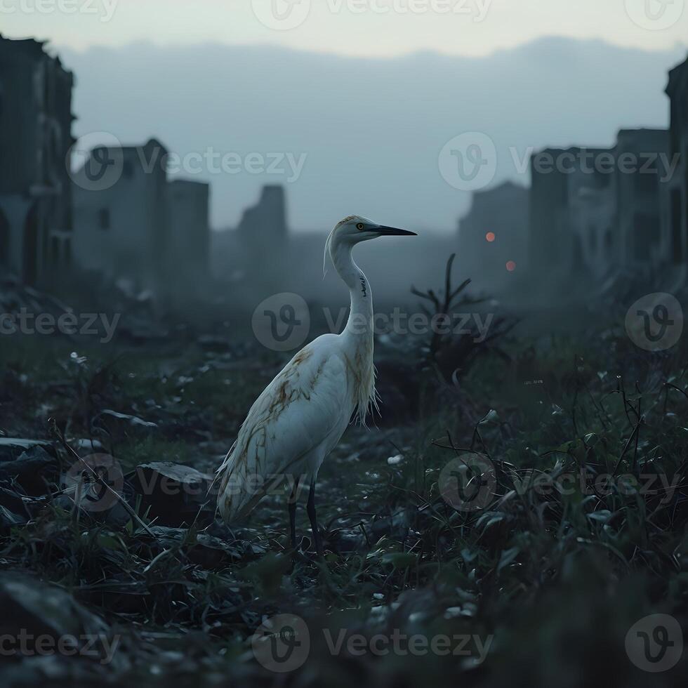 A bird standing in a field of rubble photo