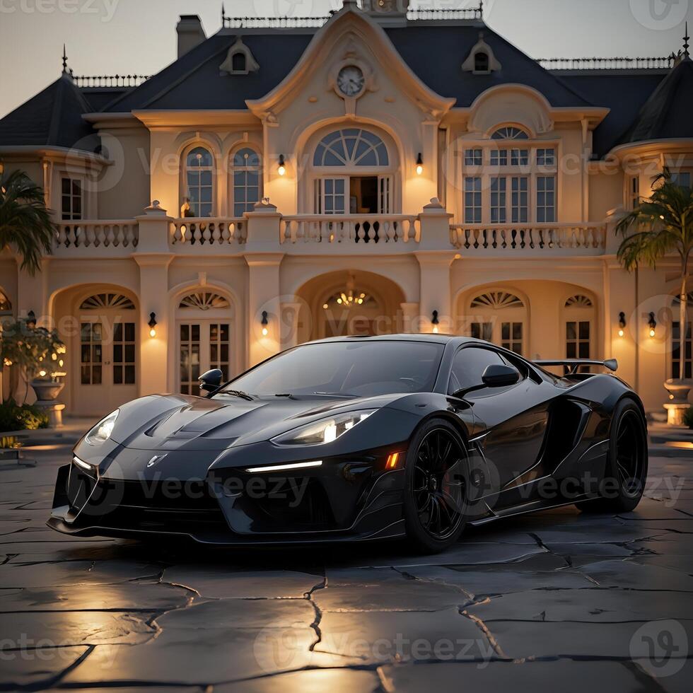 A black sports car parked in front of a mansion photo
