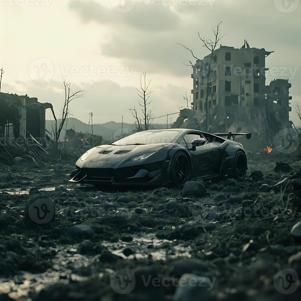 A black sports car is parked in front of a destroyed building photo