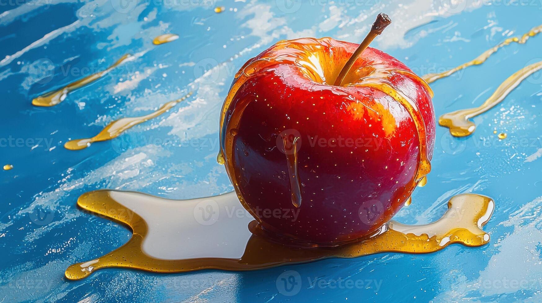 A shiny, red apple sits on a vibrant blue surface, partially submerged in a golden syrup. Honey drips off the apple, creating an enticing, sweet appearance that suggests indulgence photo