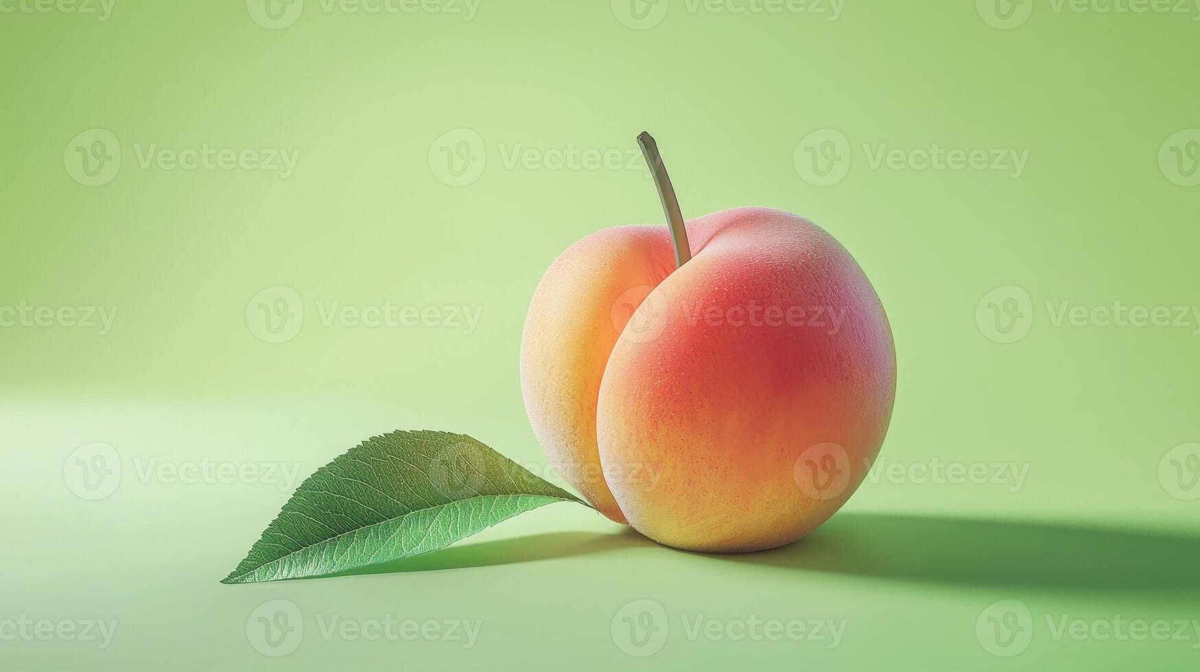A ripe peach displays its vibrant hues of pink and orange on a smooth green backdrop. A single leaf rests beside it, enhancing its fresh appearance under soft lighting photo