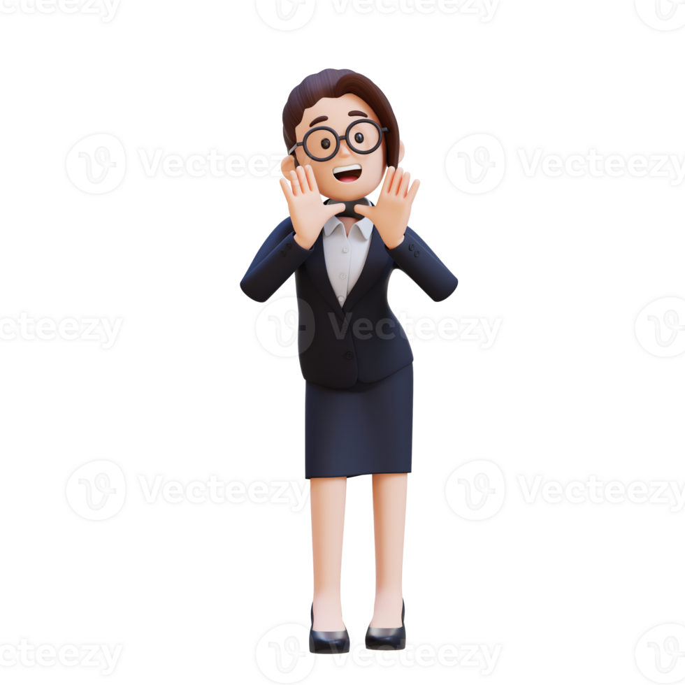 Surprised 3D woman reclines on her hands and shouting while looking at the camera png