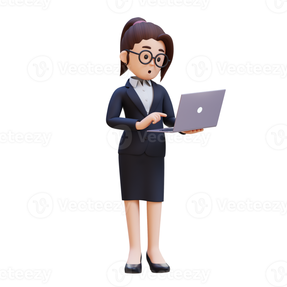 A woman in a suit is standing confused working on a laptop png
