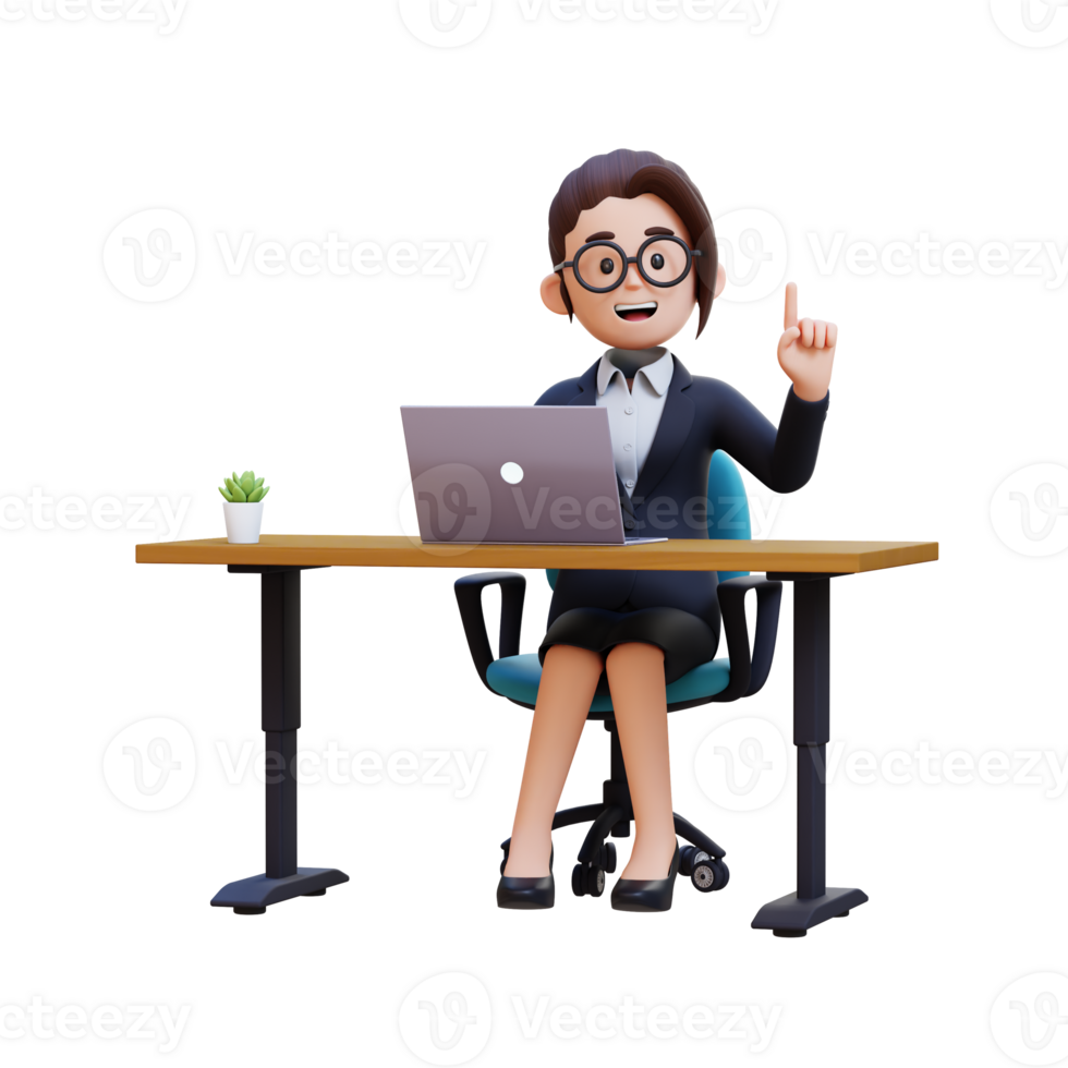 A woman in a business suit sits at a desk with a laptop and a plant png