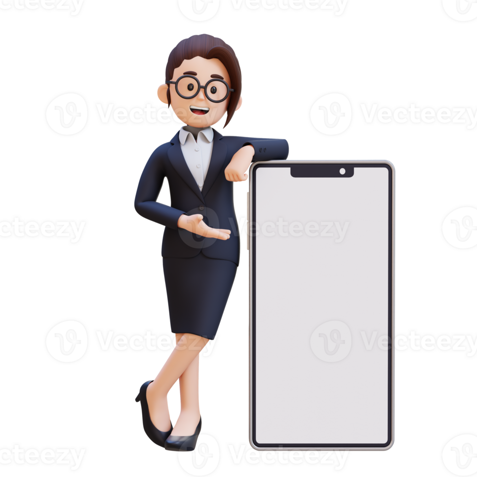 3D Woman laying and presenting on a big smart phone with empty screen png