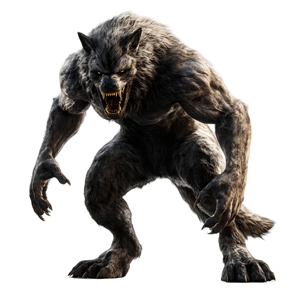 Fearsome mythical werewolf in a detailed posture png