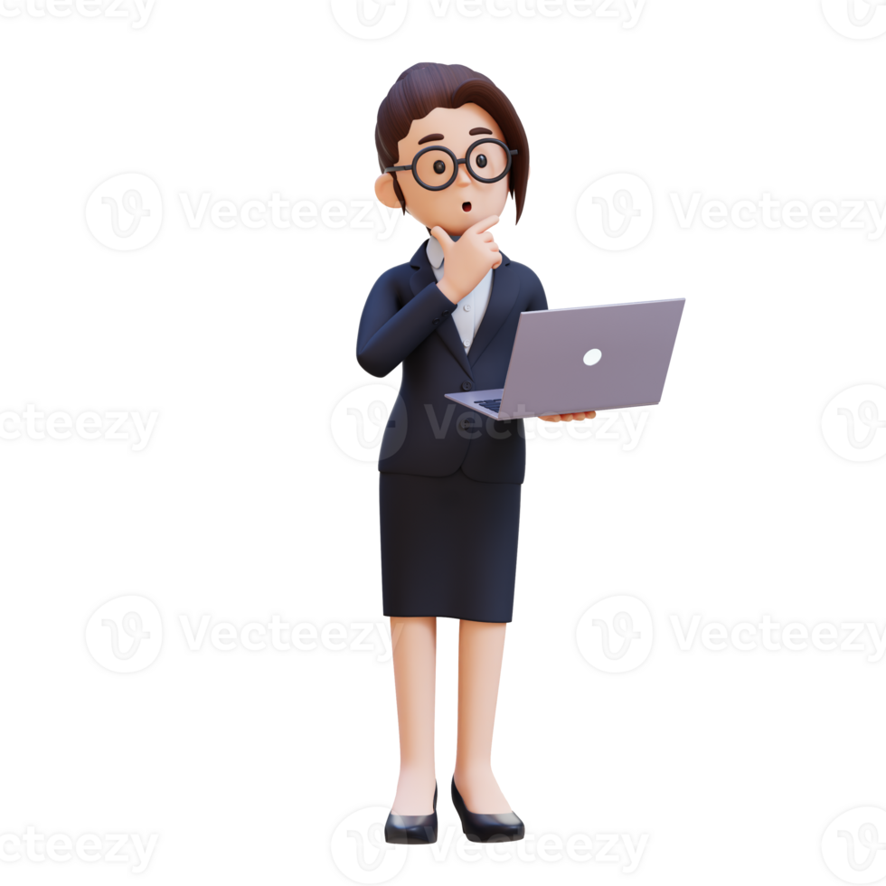 A woman in a suit holding a laptop and thinking png