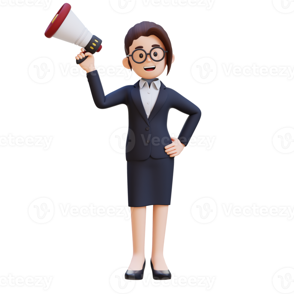 3d bussines woman in a suit holding a megaphone png