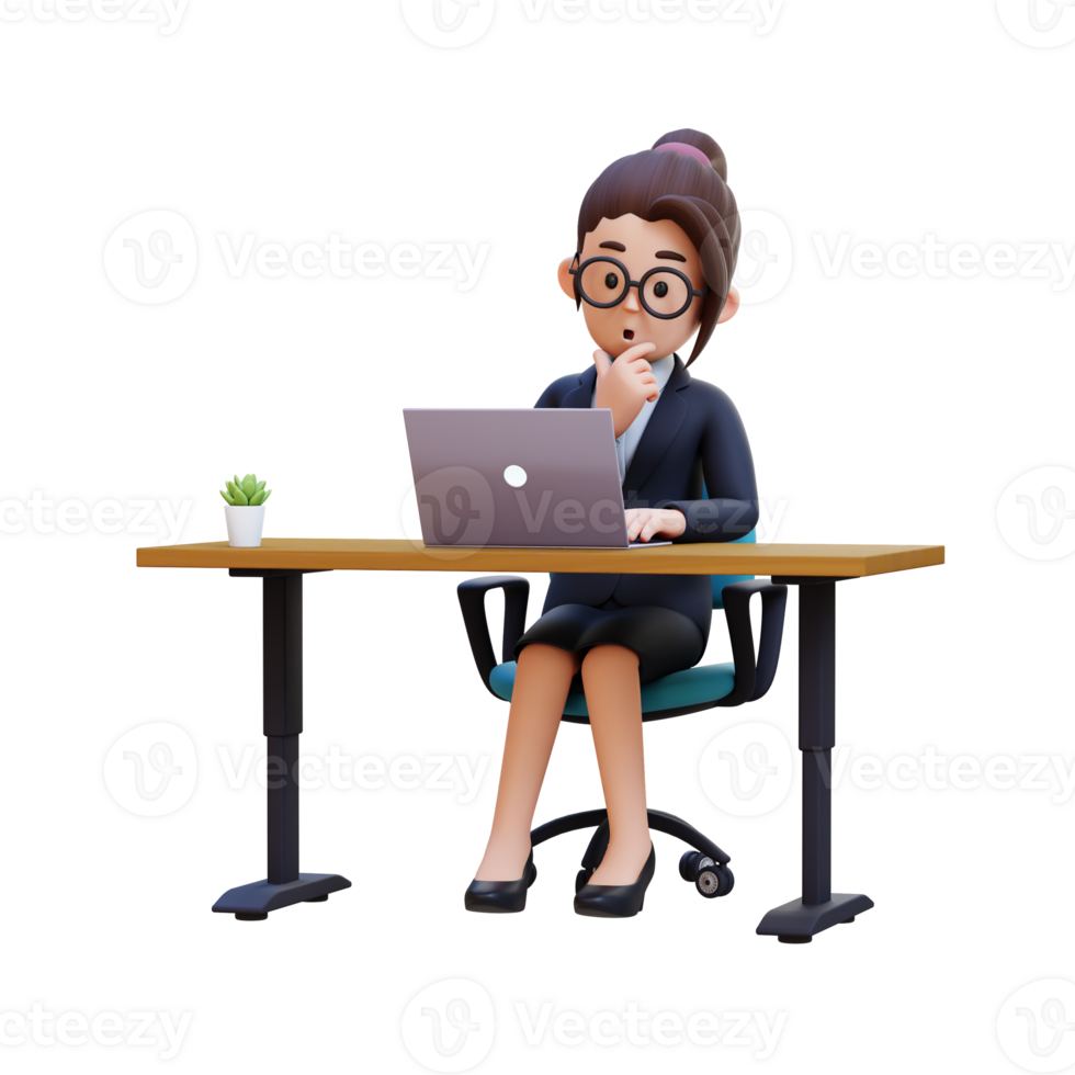 A woman in a business suit sits at a desk with a laptop and a potted plant png