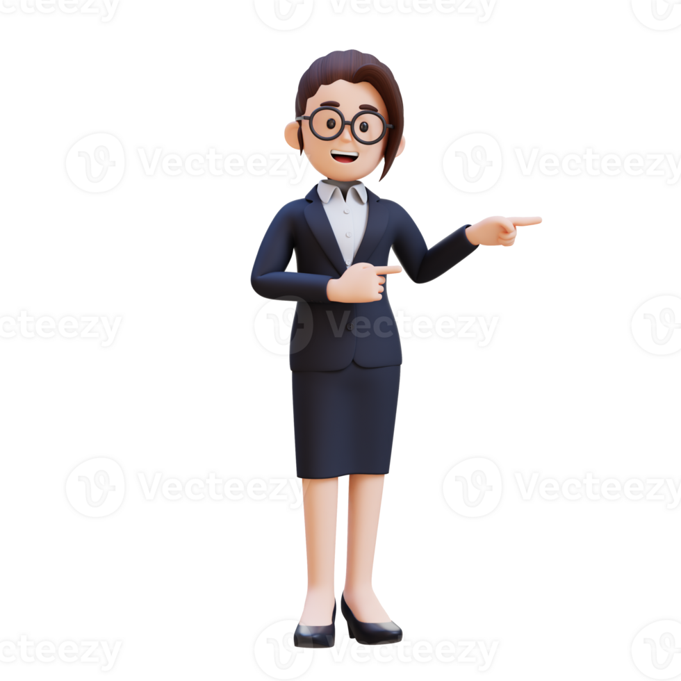A woman in a suit and glasses points to the left png