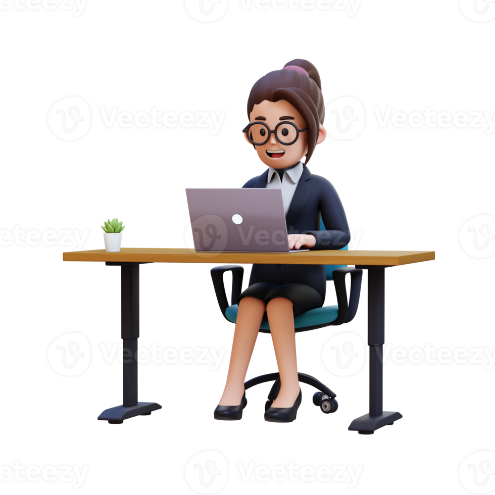A woman is sitting at a desk with a laptop and a plant png