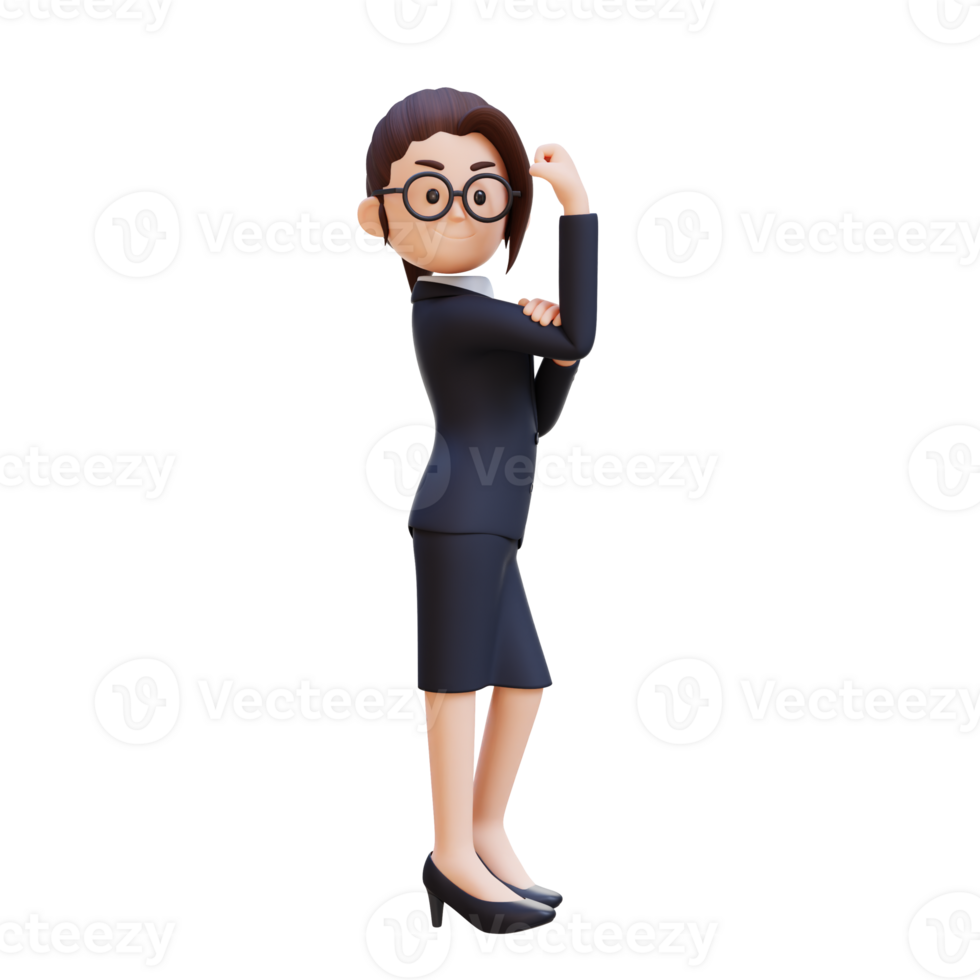 Excited 3D woman showing strong gesture by lifting her arms and muscles smiling proudly png
