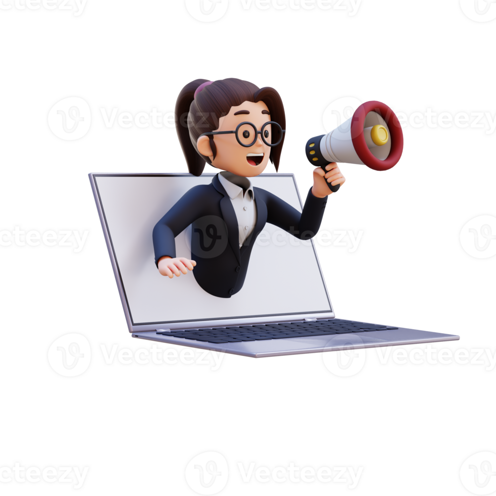 3D Woman jumping out from computer screen and holding a megaphone png