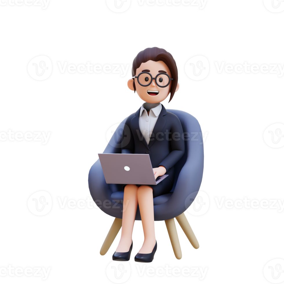 A woman in a business suit is sitting in a chair with a laptop in front of her png