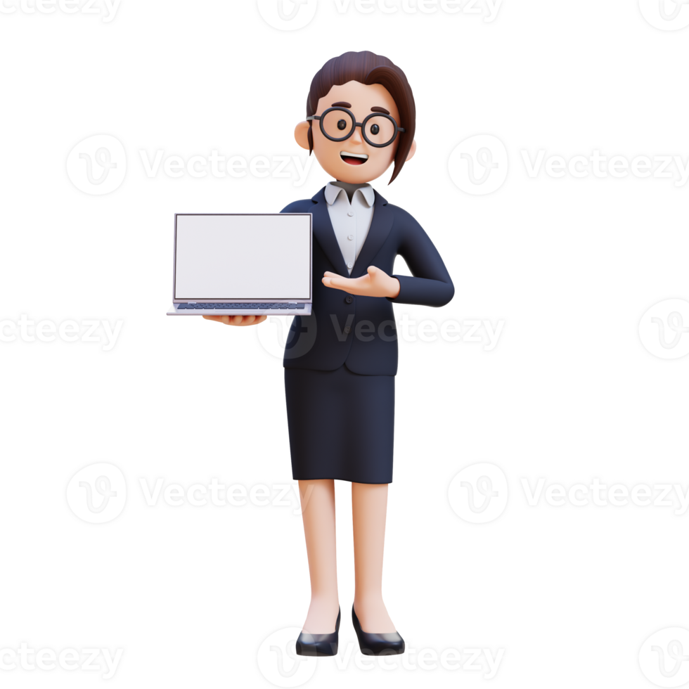 A woman in a suit holding and presenting to a laptop with empty screen png