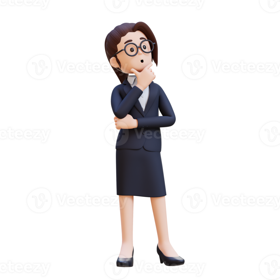 A woman in a suit and glasses is thinking looking up png