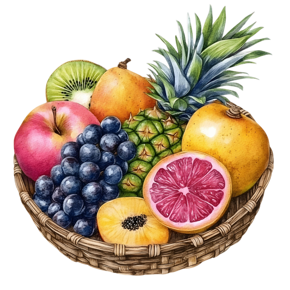 Vibrant hand painted fruit assortment in a rustic basket png