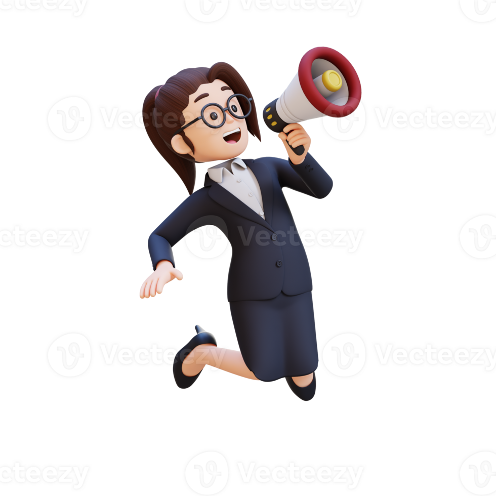 A woman in a suit and glasses is holding a megaphone and jumping in the air png