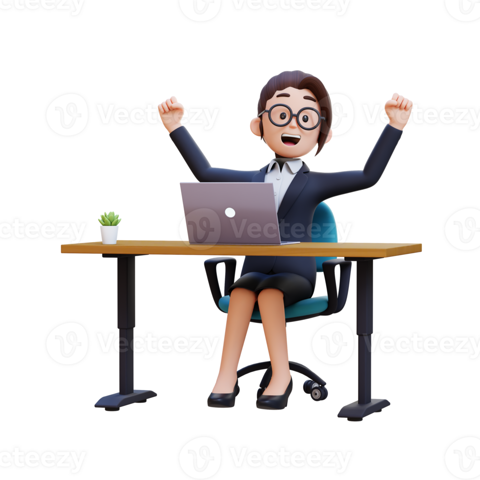 A woman in a business suit is sitting at a desk with a laptop and a plant png