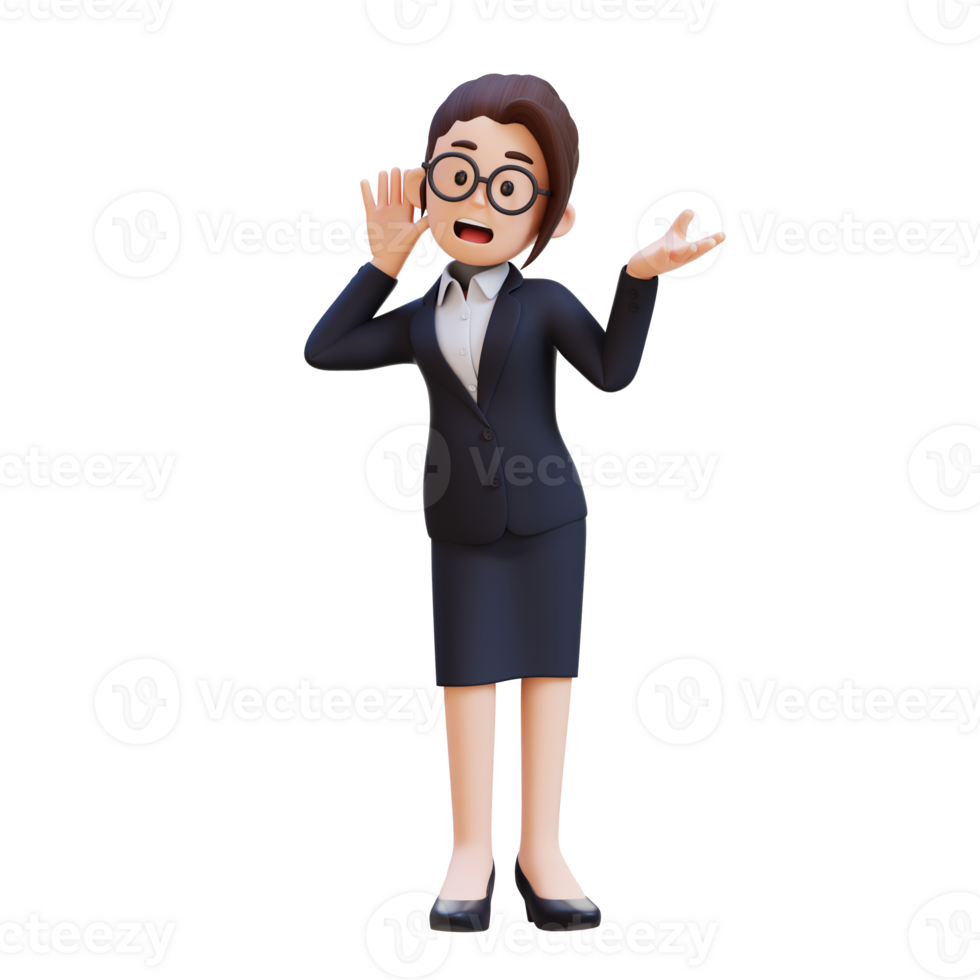 Amazed curious 3D woman trying to hear you overhear listening intently png