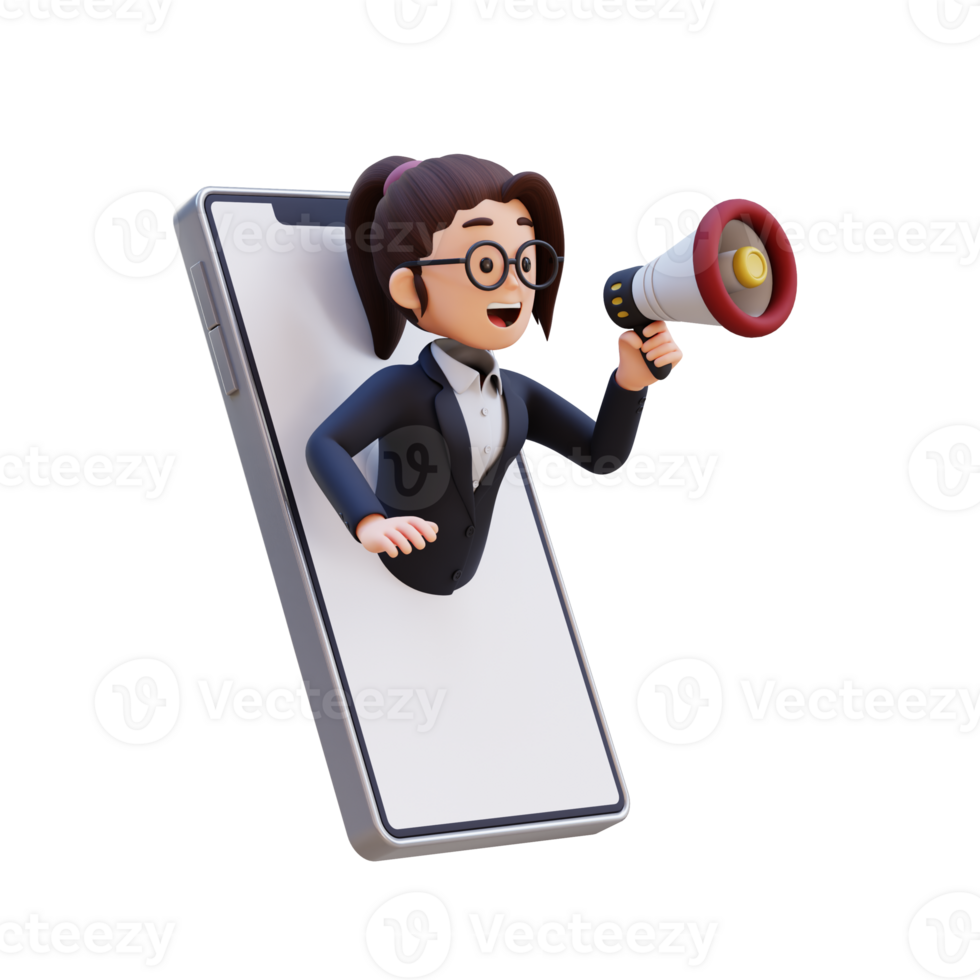 3D Woman jumping out from smart phone screen and holding a megaphone png