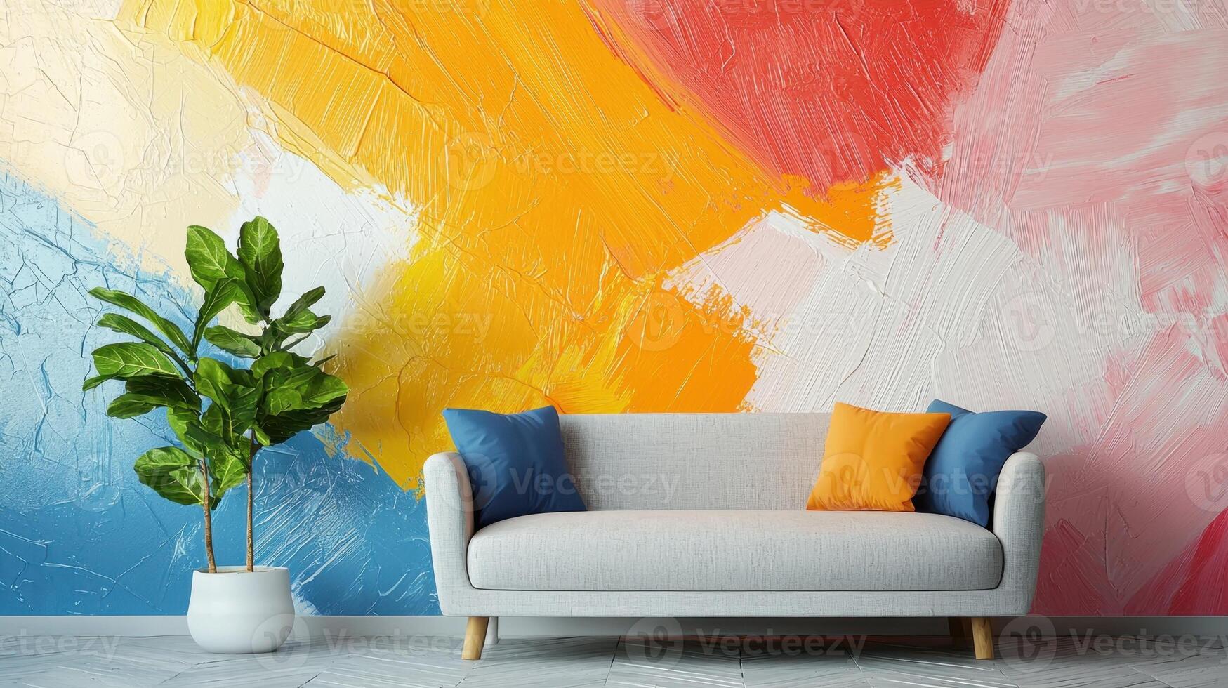 A colorful wall with a couch and plant in front of it photo