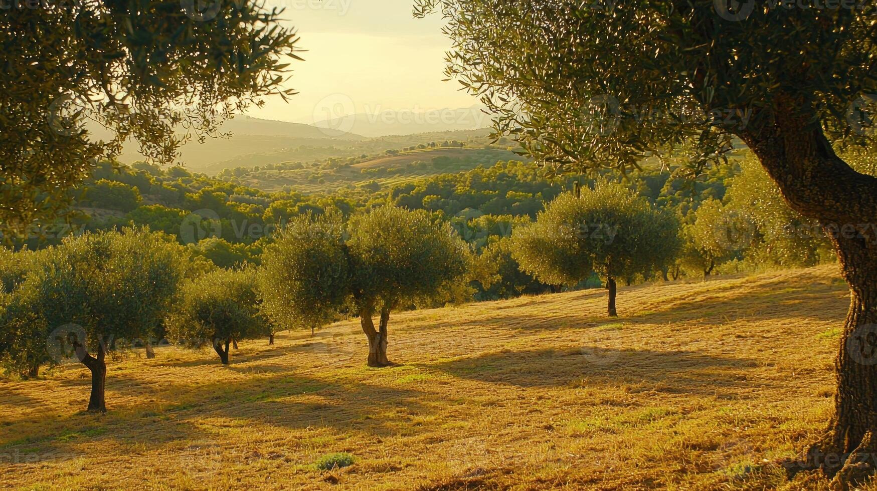A field with trees and a hill in the background photo