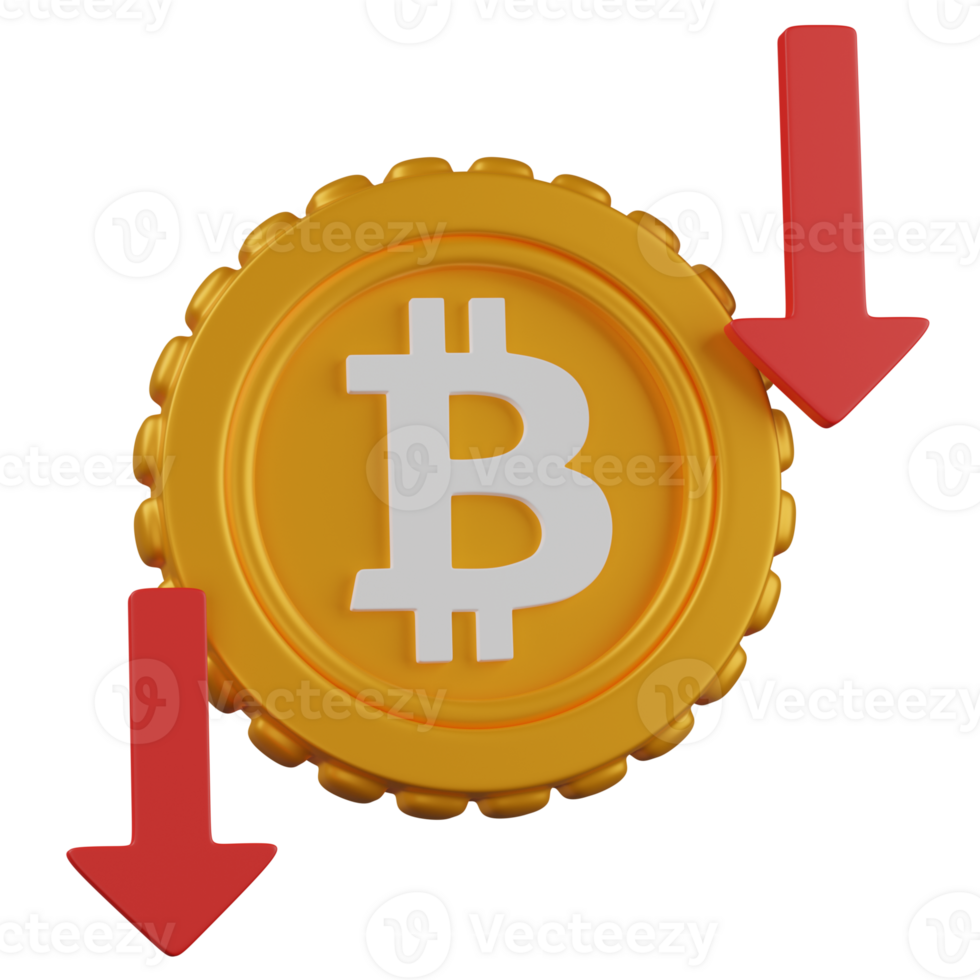 Bitcoin price falling down with red arrows, crypto bear market icon png