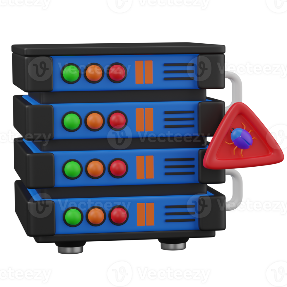 3d render Server stack with bug warning icon png